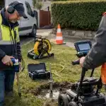 Techniciens utilisant une caméra d'inspection sur canalisation