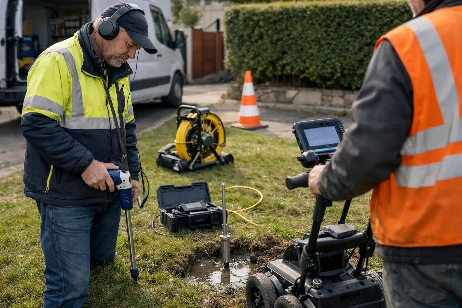 Techniciens utilisant une caméra d'inspection sur canalisation