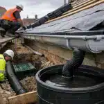 Ouvriers installant un récupérateur d'eau de pluie