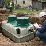 Technicien en casque inspectant fosse septique enterrée