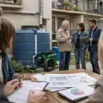 Personne annotant plans, techniciens discutant près de citernes