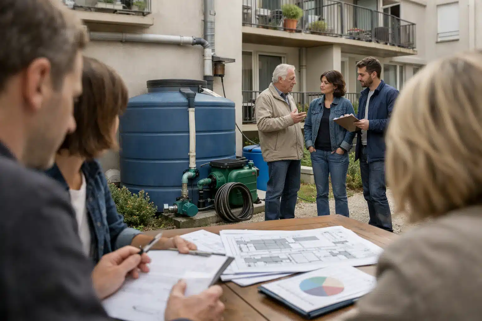 Personne annotant plans, techniciens discutant près de citernes