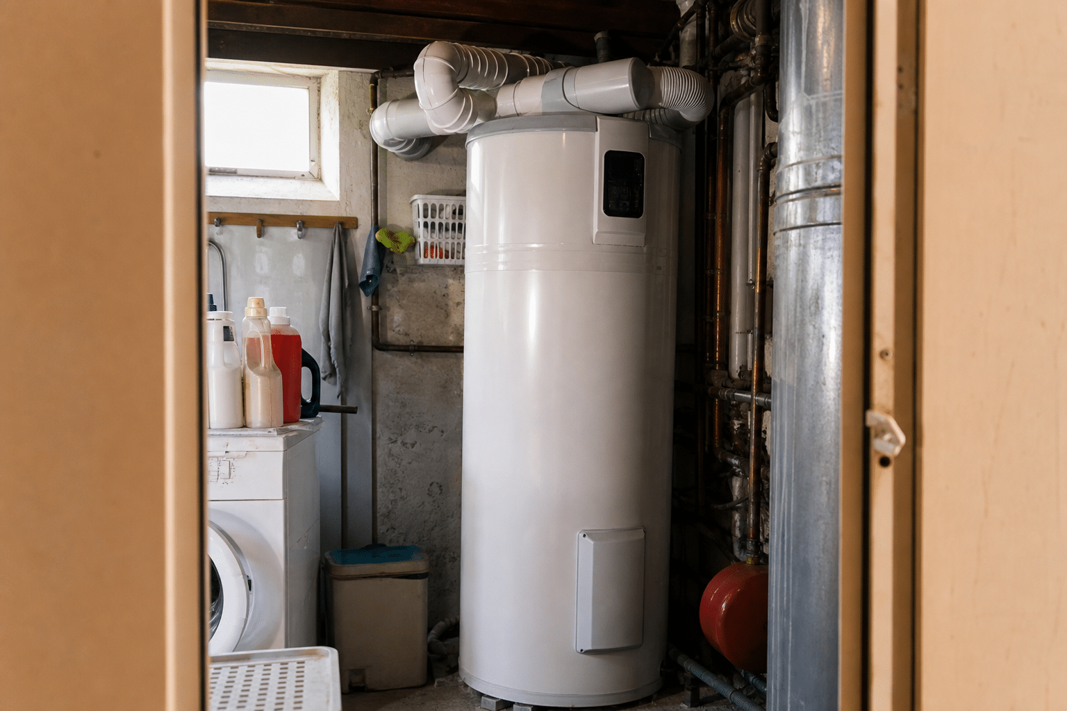 Chauffe-eau vertical blanc installé dans une cave