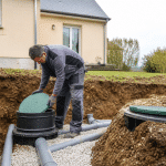 Réglementation assainissement non collectif : dans quels cas êtes-vous concerné ? Technicien installant regard de fosse septique près maison