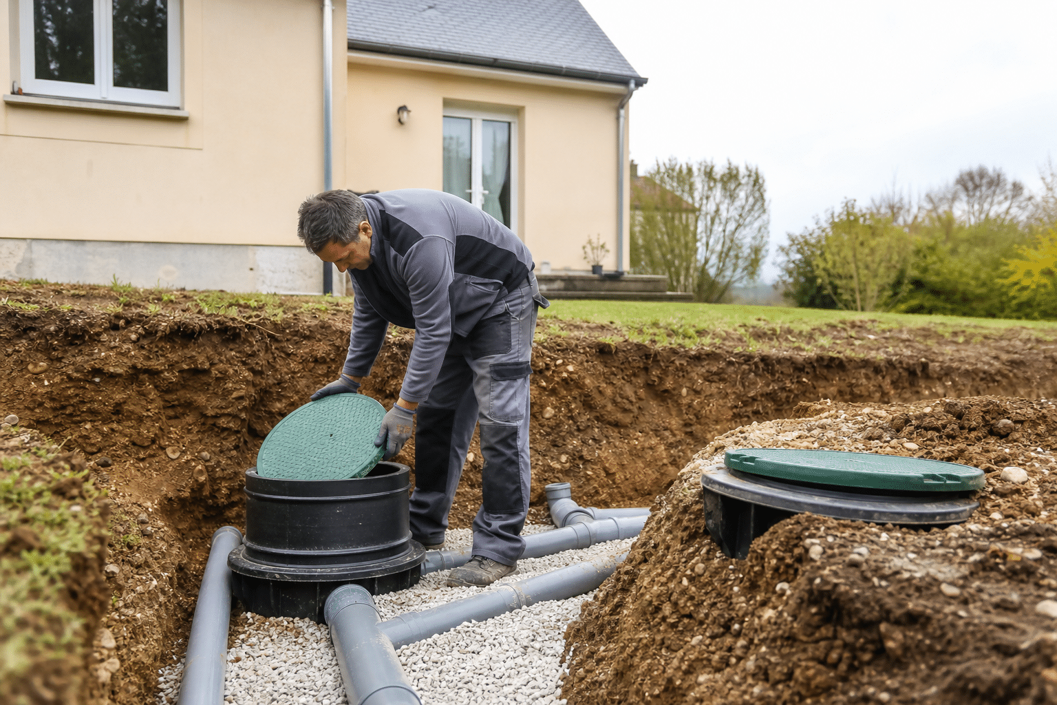 Technicien installant regard de fosse septique près maison