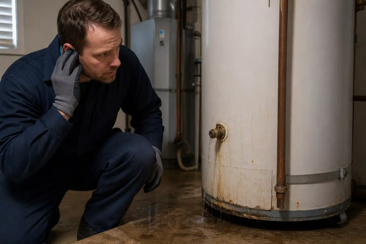 Technicien inspectant fuite au bas d'un chauffe-eau