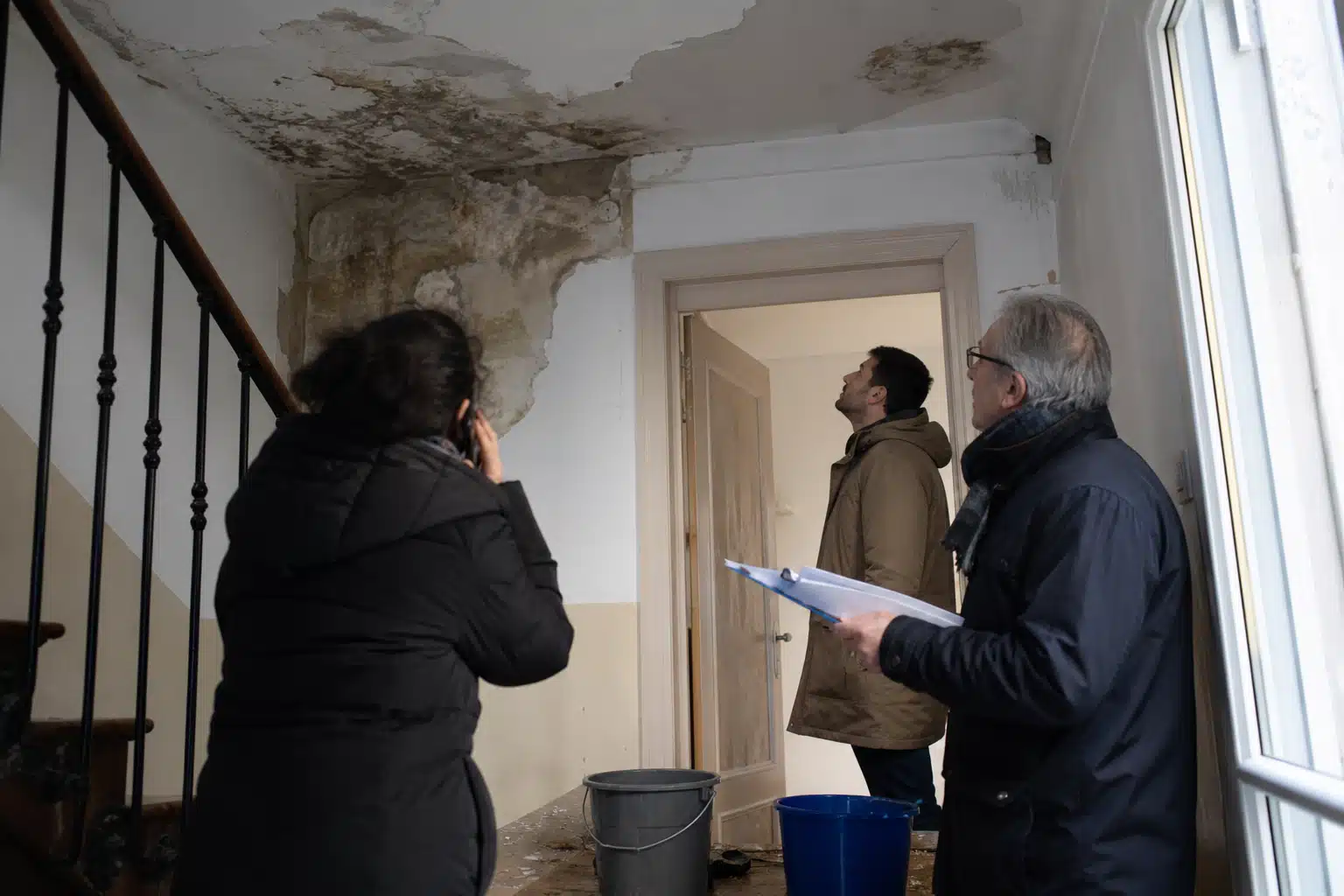 Trois personnes inspectant plafond abîmé par infiltration