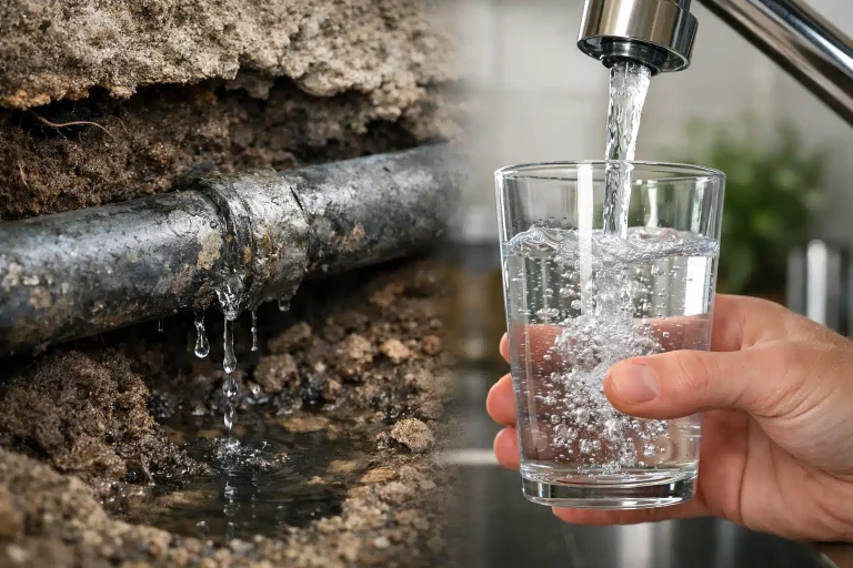 Canalisations en plomb cachées dans un mur menaçant la qualité de l'eau potable du robinet