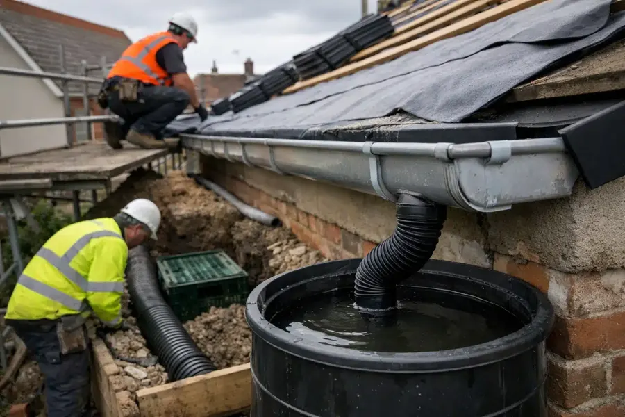 Une cuve de récupération d’eau de pluie au pied d’une toiture