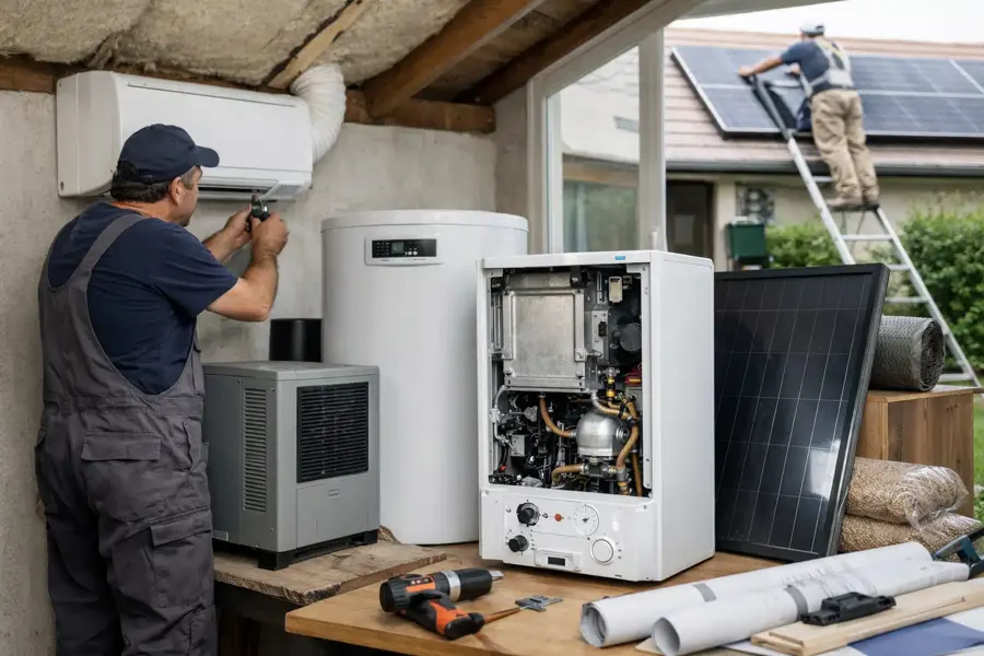 Un installateur pose un chauffe-eau thermodynamique