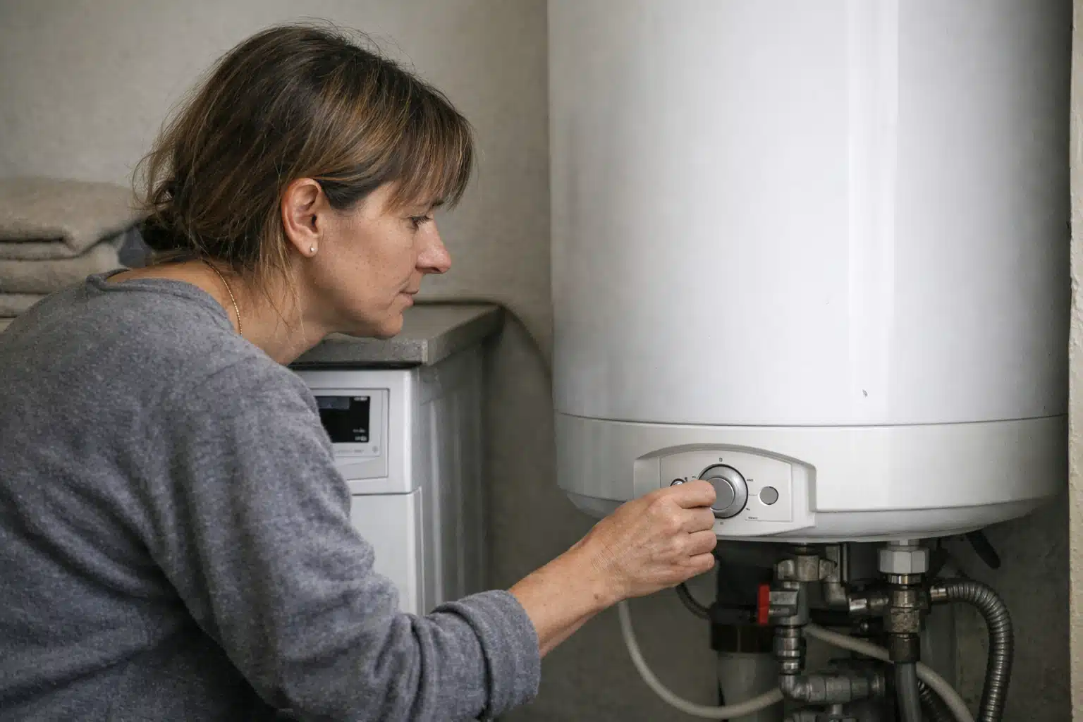 Femme réglant la température d'un chauffe-eau.