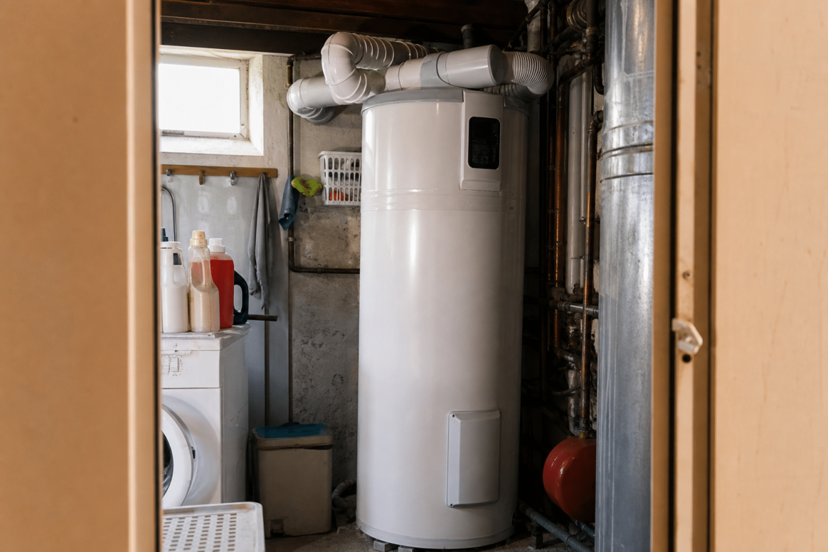 Chauffe-eau vertical blanc installé dans une cave
