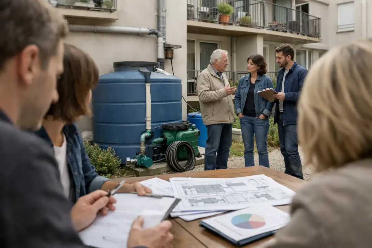 Personne annotant plans, techniciens discutant près de citernes