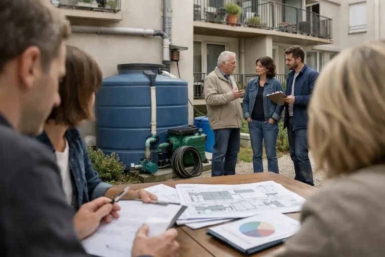 Personne annotant plans, techniciens discutant près de citernes